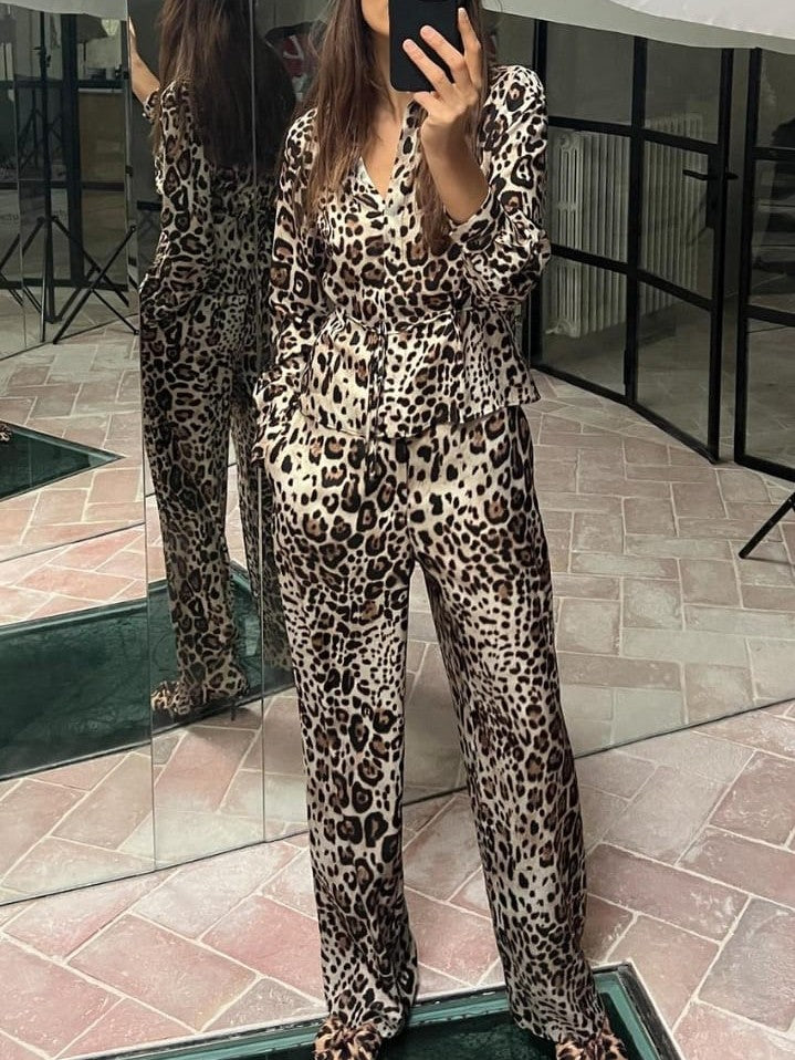 Animal Print Collar Shirt & Pants Coord Set