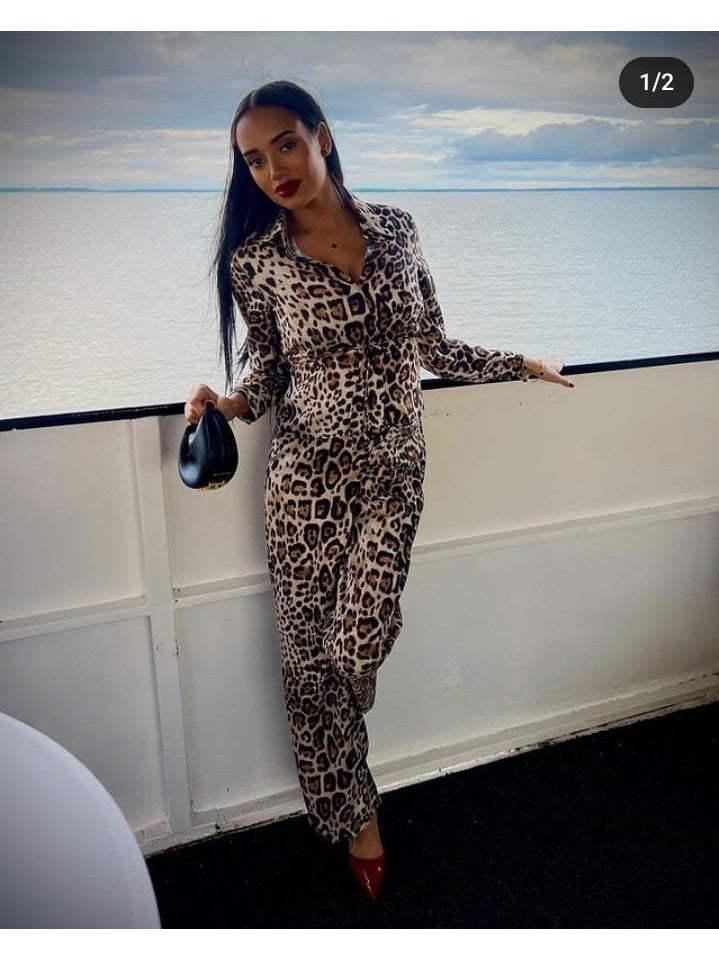 Animal Print Collar Shirt & Pants Coord Set