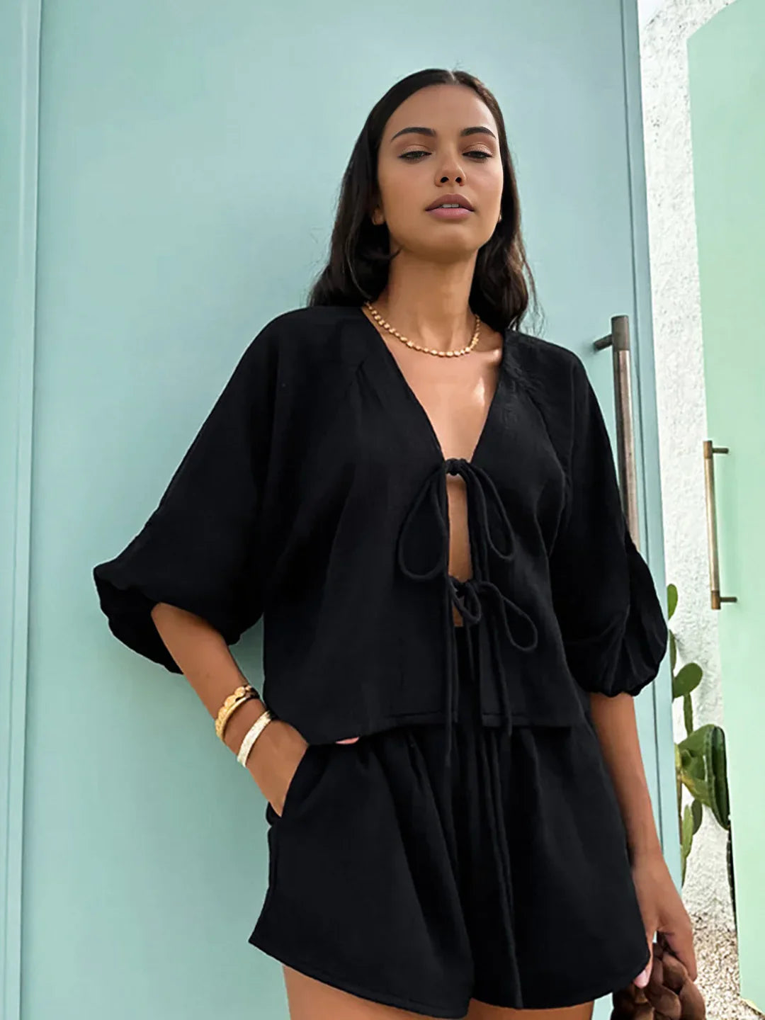 Cotton Tie-Front Long Sleeve Shorts Matching Set