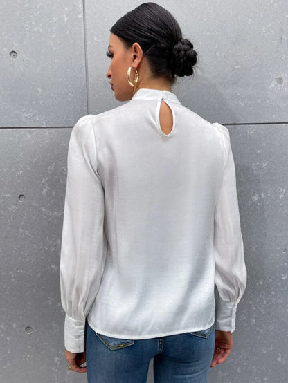 French Style Tie Neck Puff Sleeve Satin Blouse