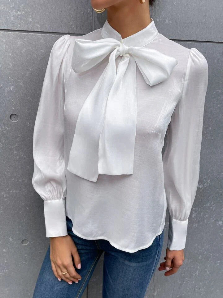 French Style Tie Neck Puff Sleeve Satin Blouse