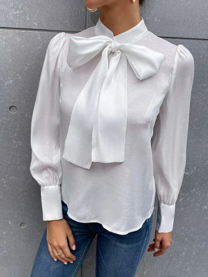 French Style Tie Neck Puff Sleeve Satin Blouse