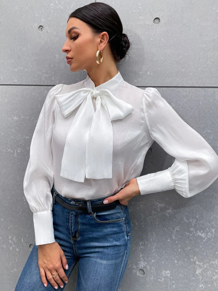 French Style Tie Neck Puff Sleeve Satin Blouse