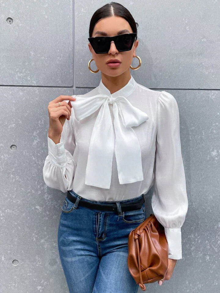 French Style Tie Neck Puff Sleeve Satin Blouse