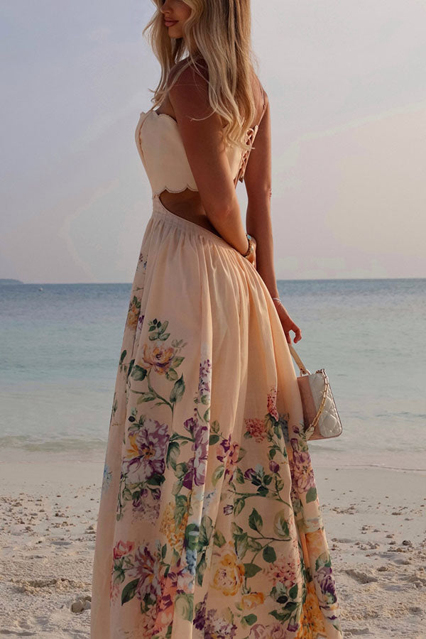 Cabo Sunsets Floral Print Petal Trim Back Lace-up Midi Dress