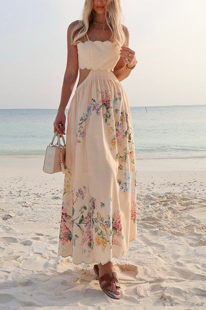 Cabo Sunsets Floral Print Petal Trim Back Lace-up Midi Dress