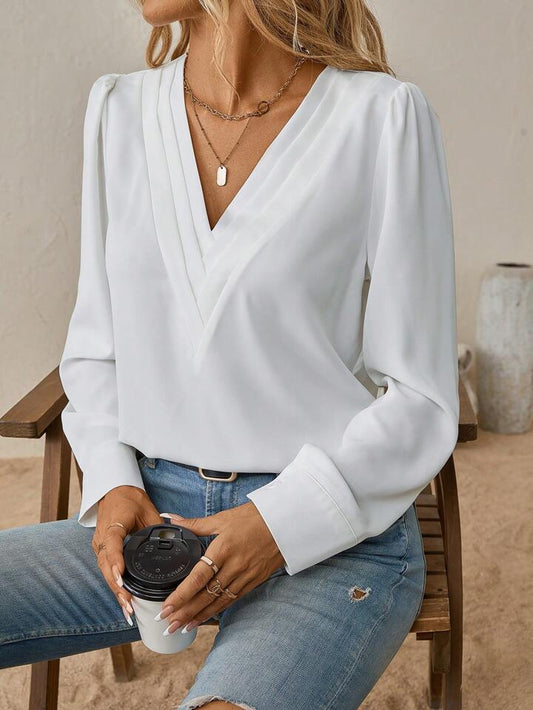 Always Chic V-Neck Long Sleeve Solid Blouse