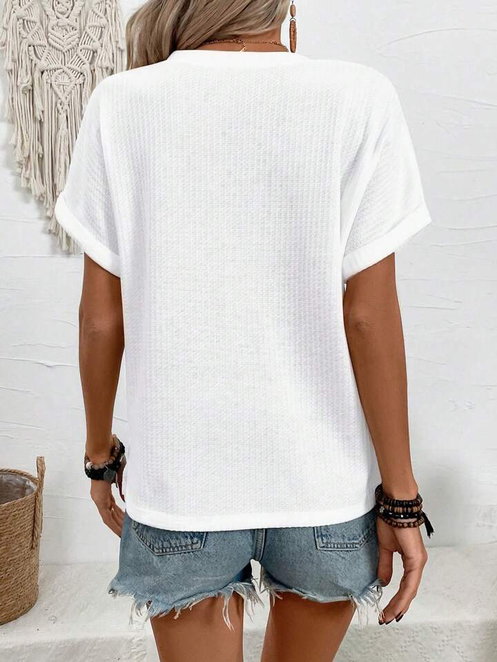 Batwing Sleeve Solid Color V-neck Button Top