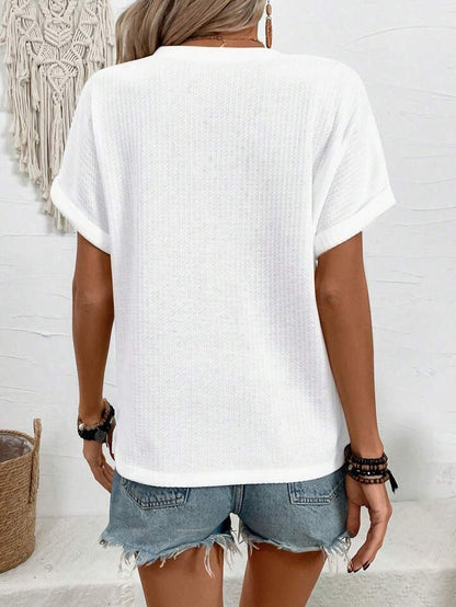 Batwing Sleeve Solid Color V-neck Button Top