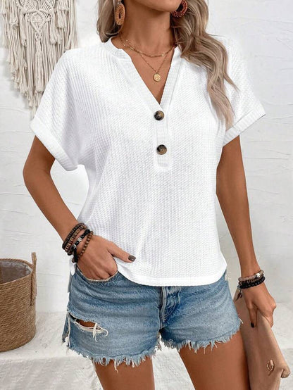 Batwing Sleeve Solid Color V-neck Button Top