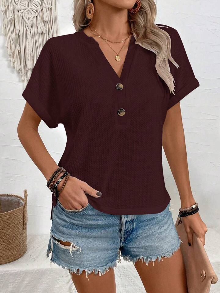Batwing Sleeve Solid Color V-neck Button Top