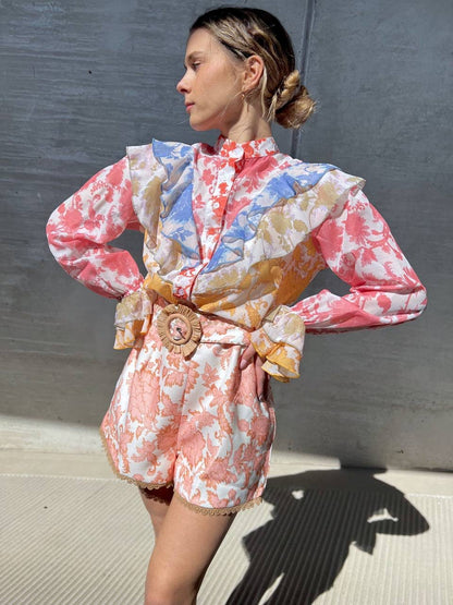 Floral Print Ruffles Blouse & Shorts Coord Set with Belt