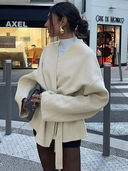 Fleece Lace-up Jacket With Tie Belt