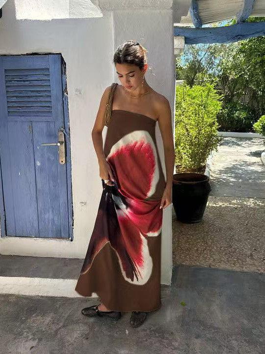 Floral Print Backless Tube Belt Maxi Dress