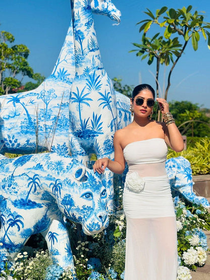 Flower Applique See through  Tube Maxi Dress