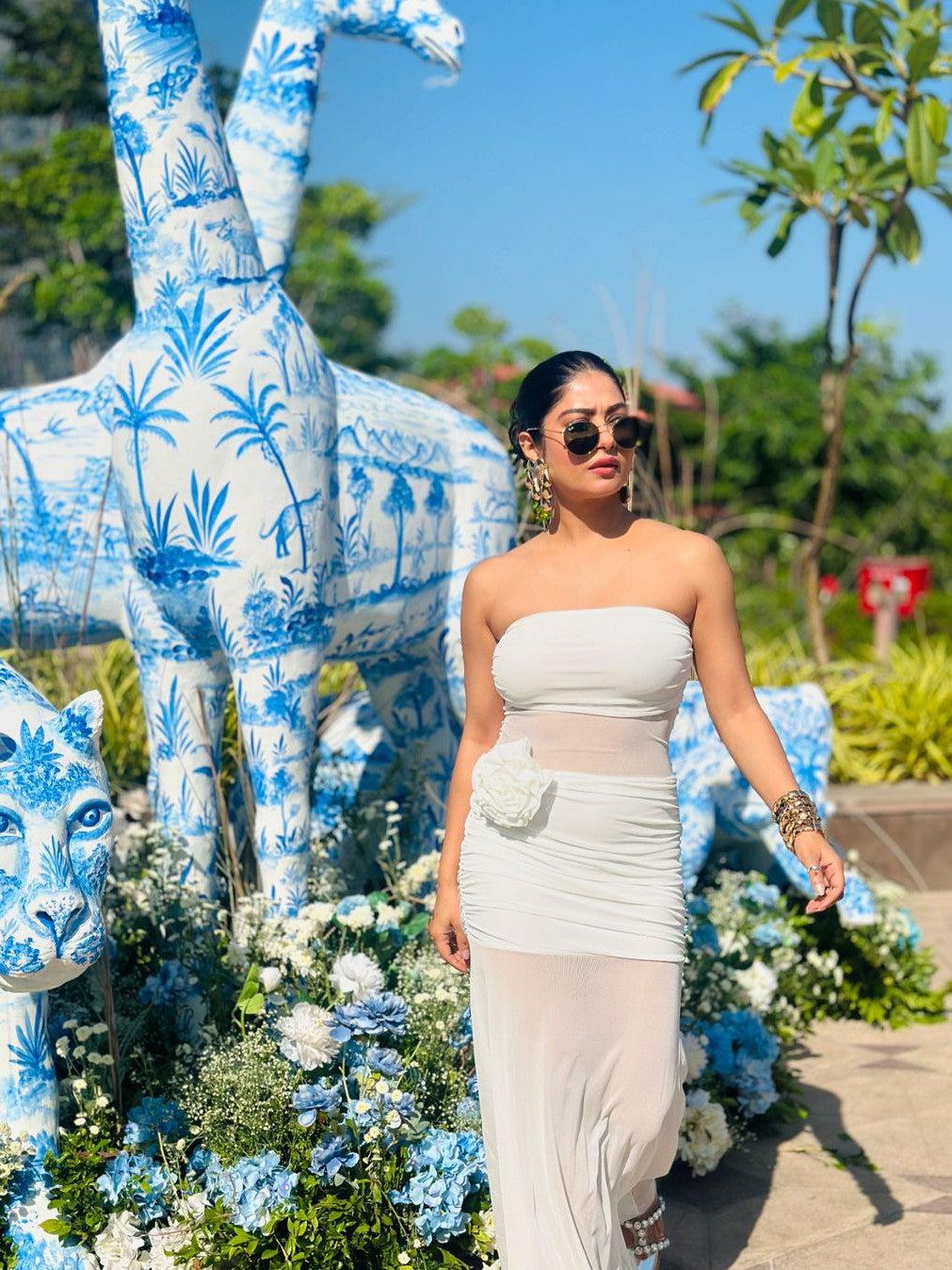 Flower Applique See through  Tube Maxi Dress