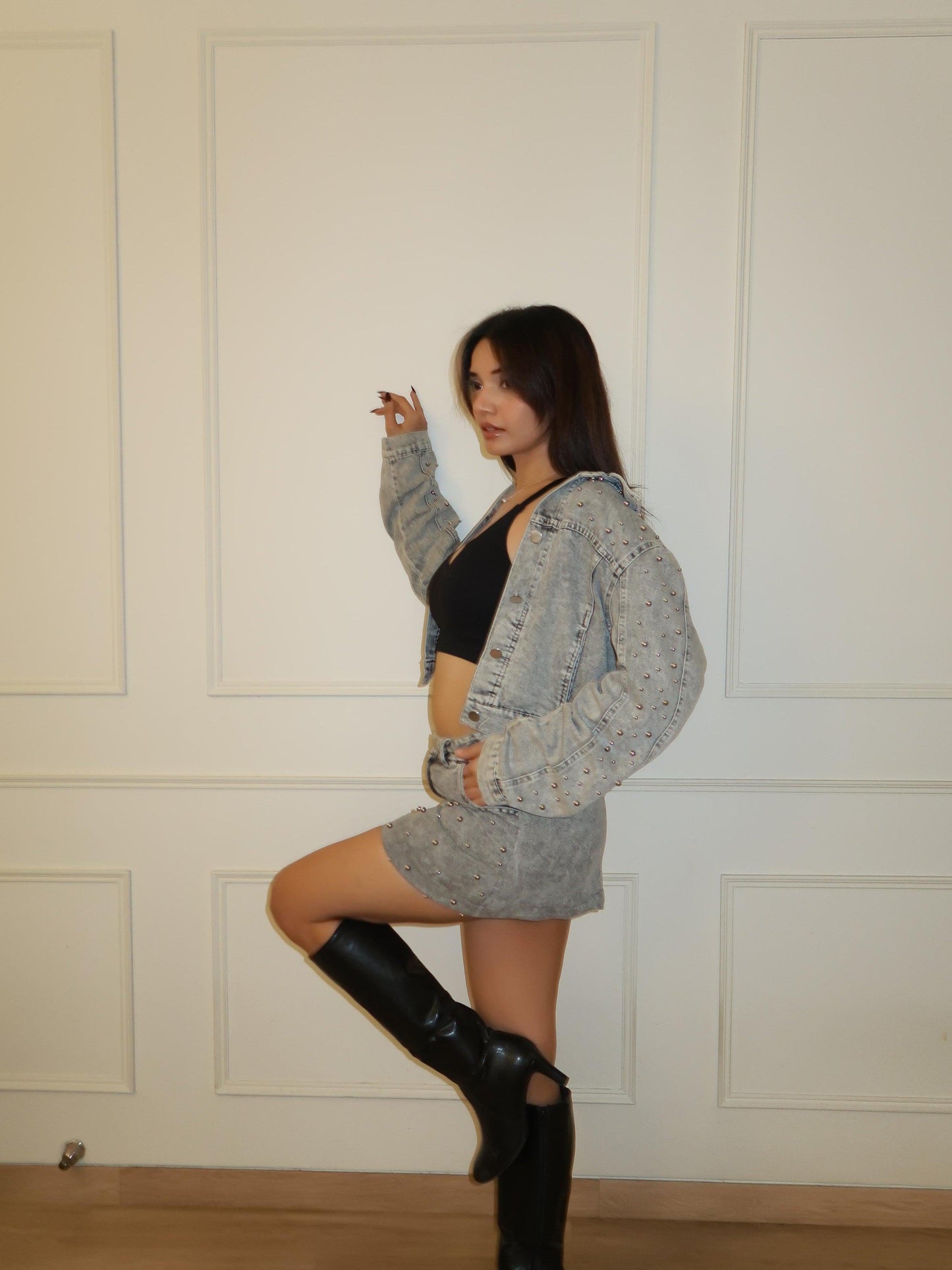 Studded Denim Jacket & Skirt Coord Set