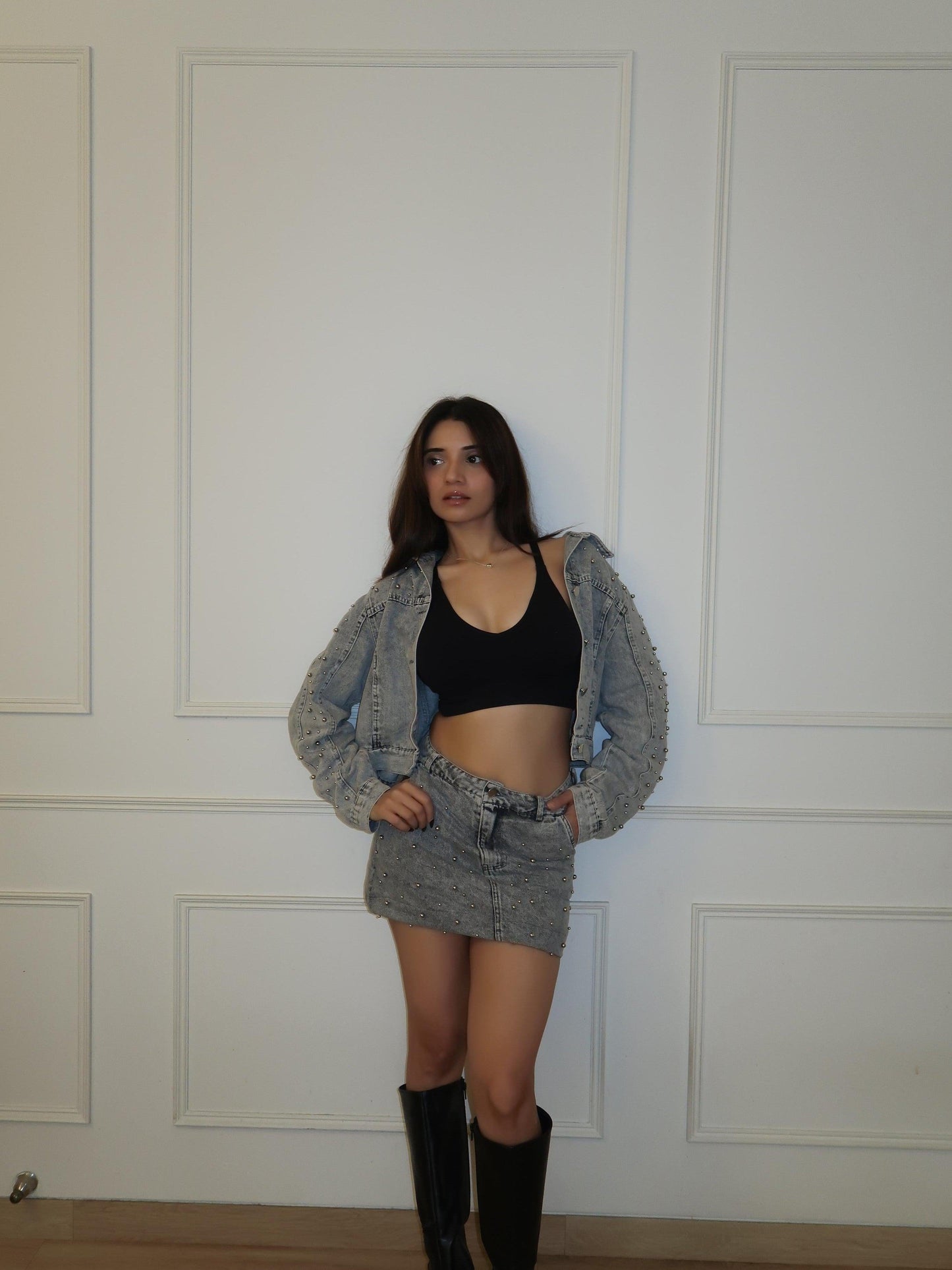 Studded Denim Jacket & Skirt Coord Set