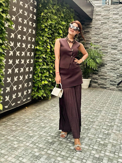 Knitted Vest Coat & Pleated High Waist Skirt Coord Set