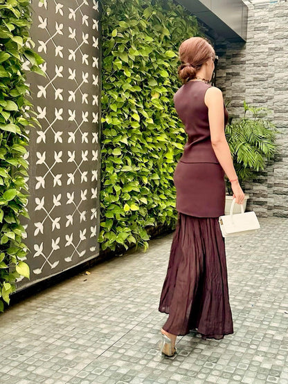 Knitted Vest Coat & Pleated High Waist Skirt Coord Set