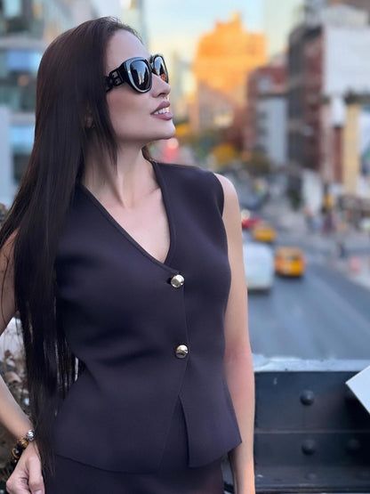 Knitted Vest Coat & Pleated High Waist Skirt Coord Set