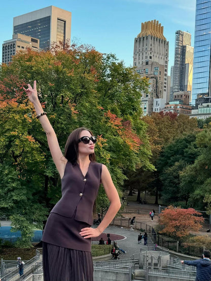 Knitted Vest Coat & Pleated High Waist Skirt Coord Set