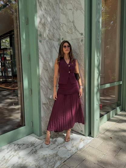 Knitted Vest Coat & Pleated High Waist Skirt Coord Set