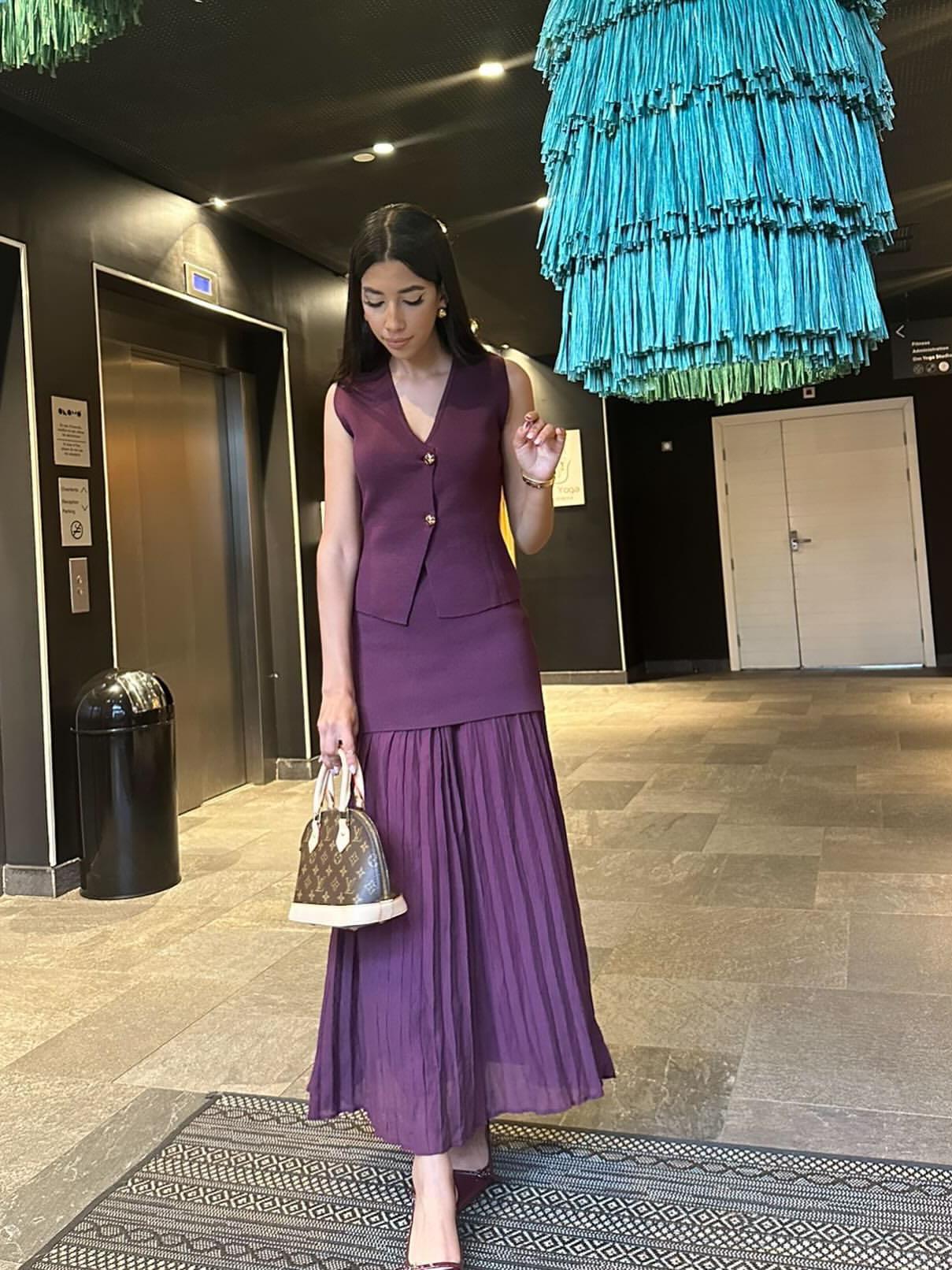 Knitted Vest Coat & Pleated High Waist Skirt Coord Set