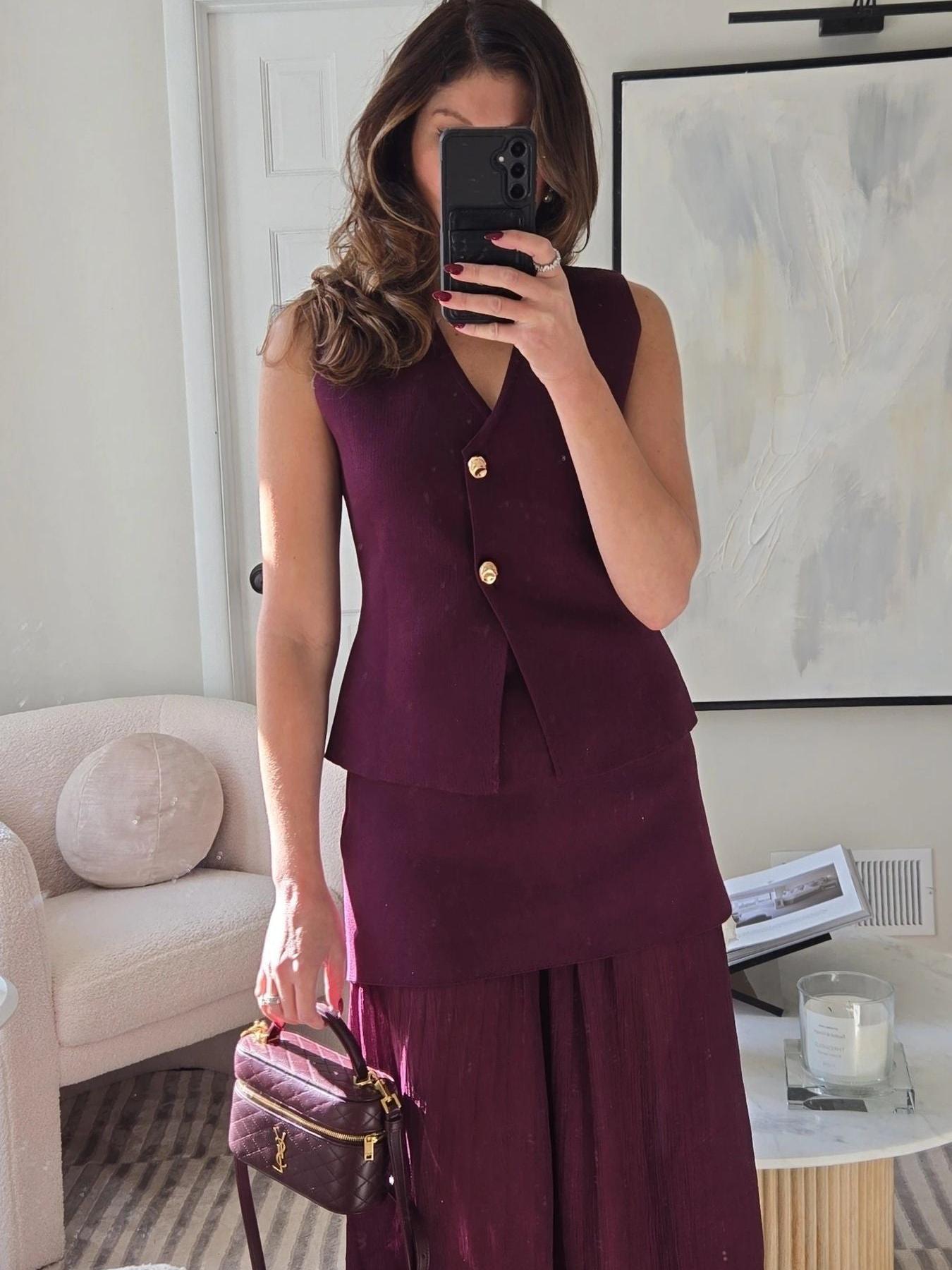 Knitted Vest Coat & Pleated High Waist Skirt Coord Set