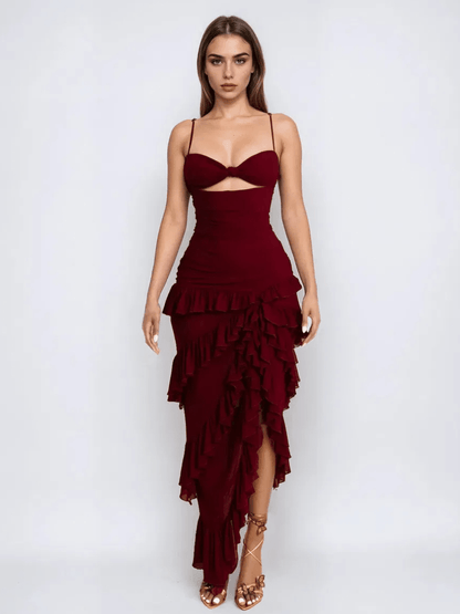 Simmy Spaghetti Strap Cutout Ruffle Slit Maxi Dress