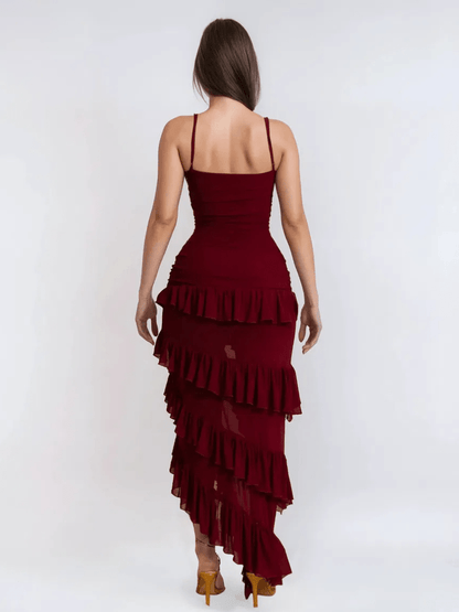 Simmy Spaghetti Strap Cutout Ruffle Slit Maxi Dress