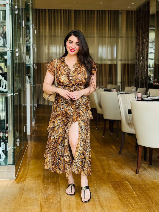 Animal Print Short Sleeves Cutout Ruffle Maxi Dress