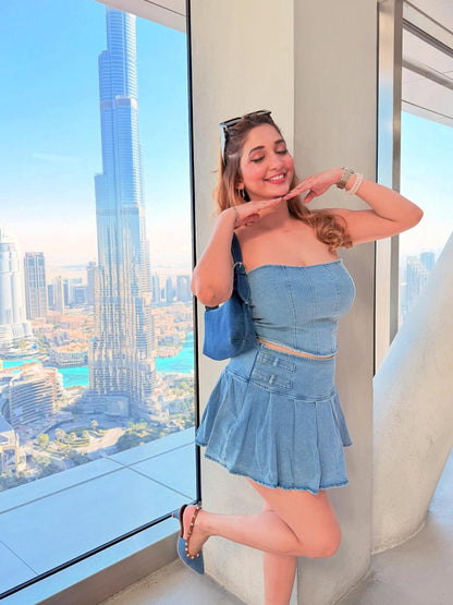 Crop Denim Tube Top & High Waist Split Skirt