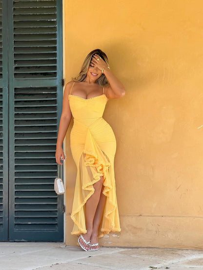 Asmi Spaghetti Strap Ruched Ruffle Dress