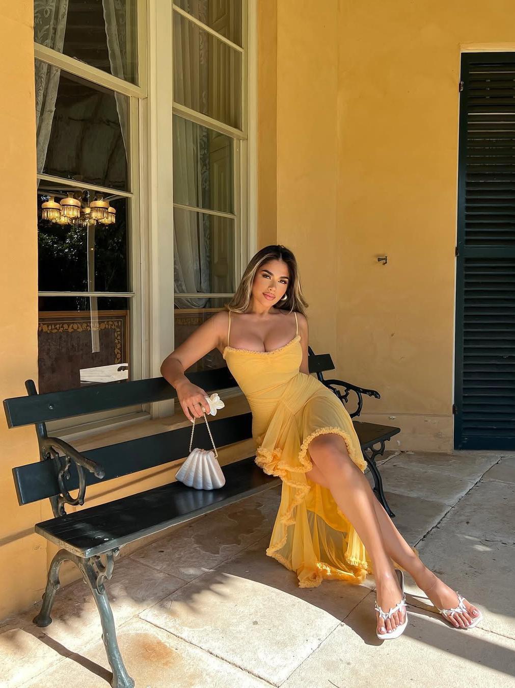 Asmi Spaghetti Strap Ruched Ruffle Dress