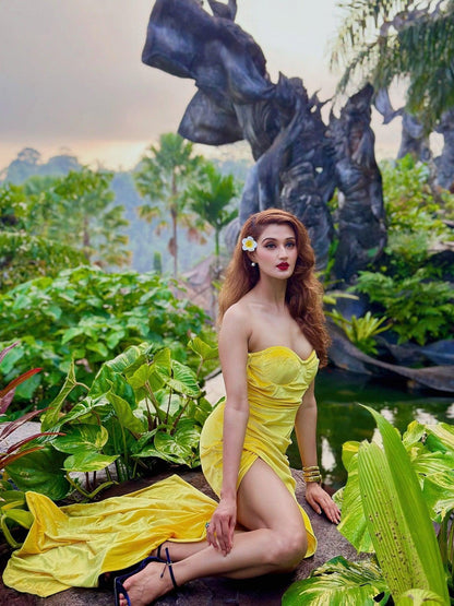 Yellow High Split Long Backless Tube Top Dress