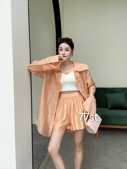 Oversized Fit Embroidered Buttons Shirt & Shorts Coord Set