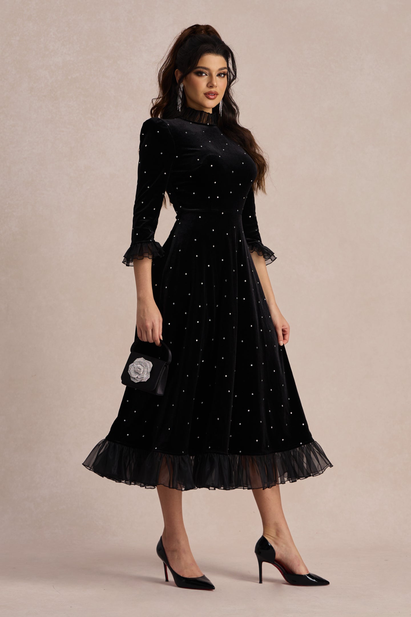 Jolie Diamante Ruffle Velvet Maxi Dress