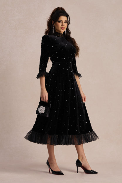 Jolie Diamante Ruffle Velvet Maxi Dress