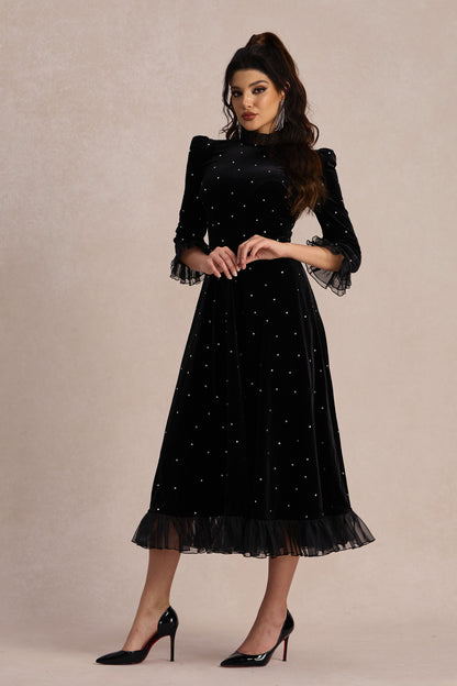 Jolie Diamante Ruffle Velvet Maxi Dress