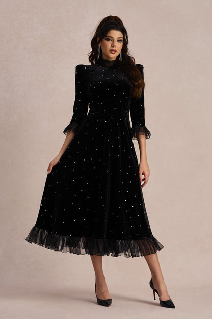 Jolie Diamante Ruffle Velvet Maxi Dress