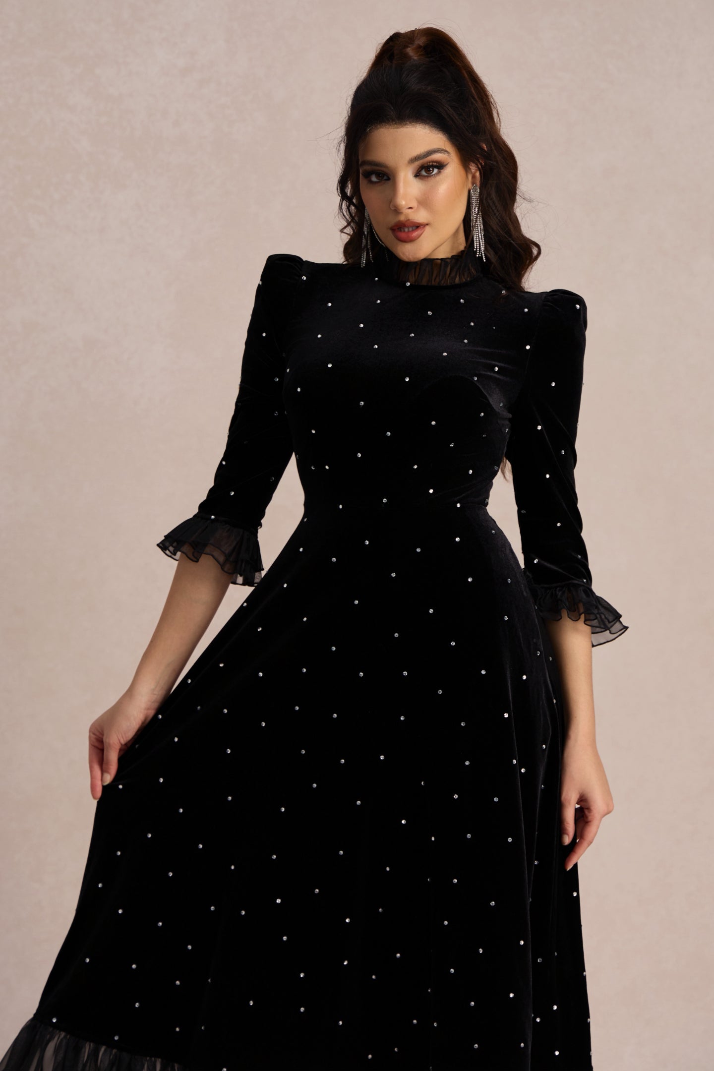 Jolie Diamante Ruffle Velvet Maxi Dress