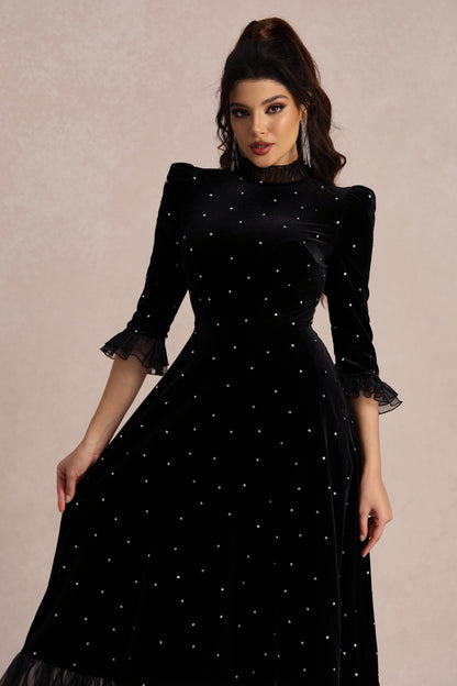 Jolie Diamante Ruffle Velvet Maxi Dress