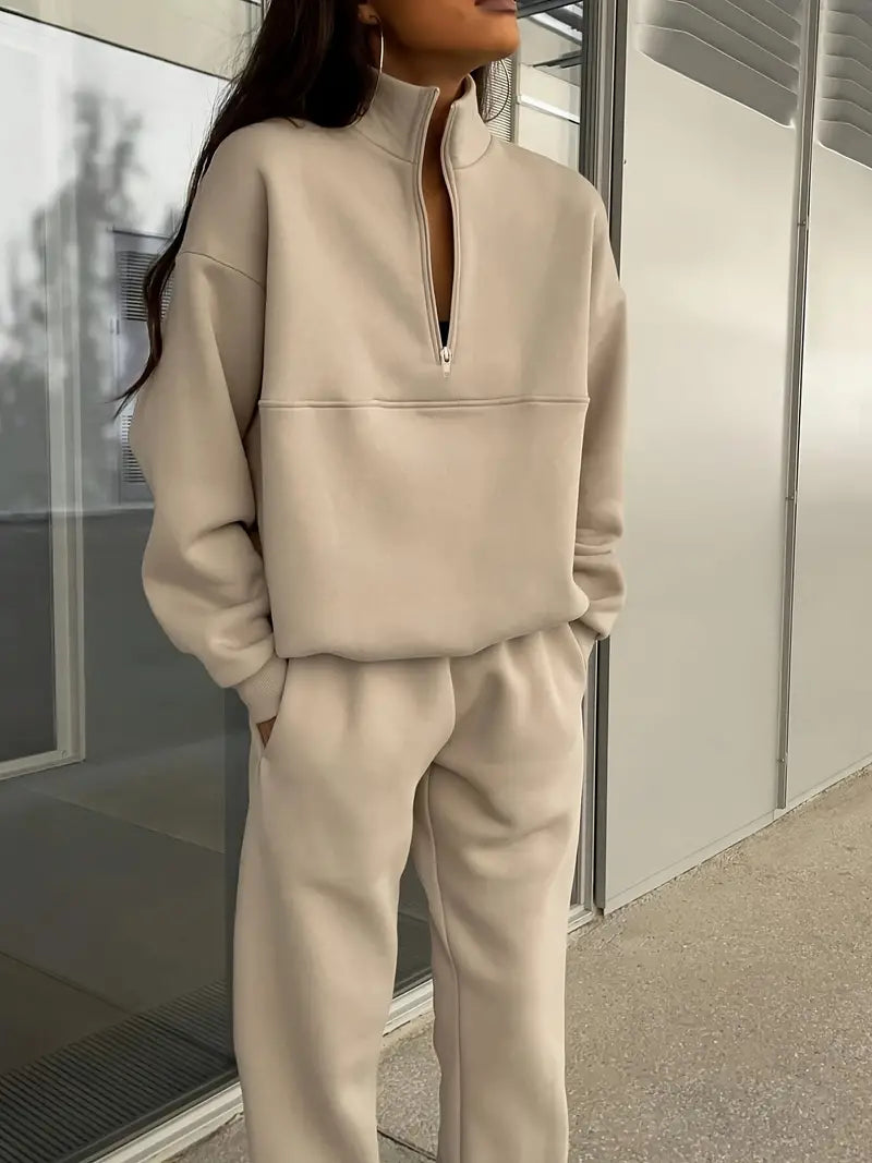 Lapel Solid Color Zipped Casual Matching Set