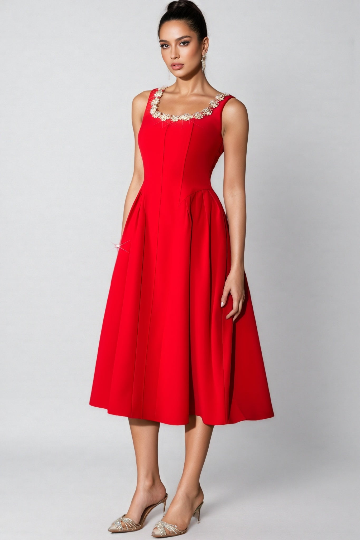 Temp Crystal Embellished Sleeveless Midi Dress