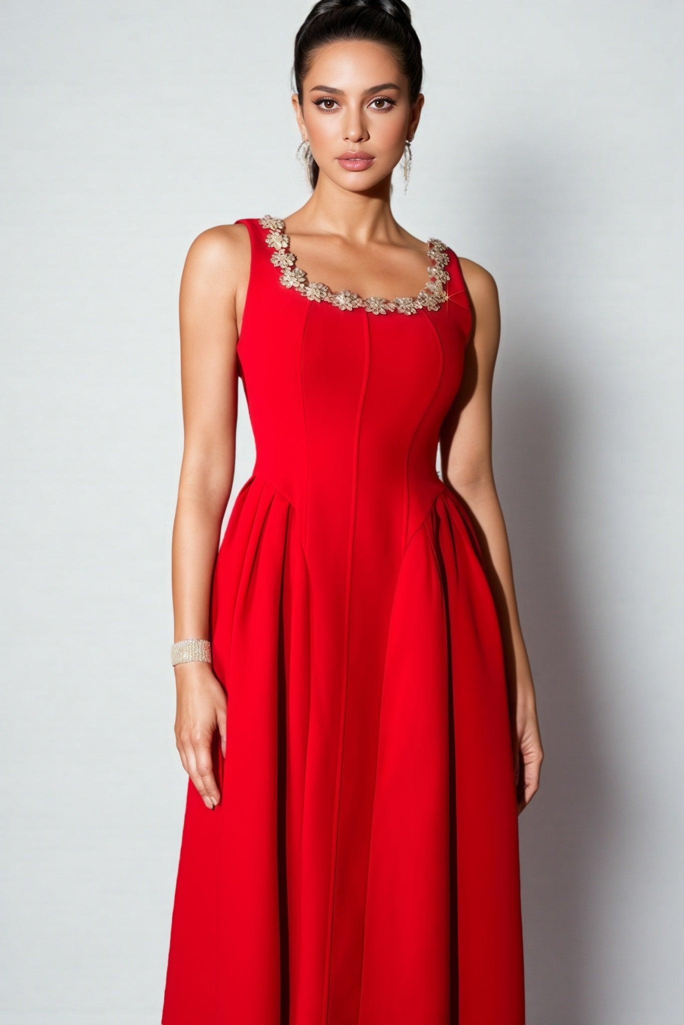 Temp Crystal Embellished Sleeveless Midi Dress