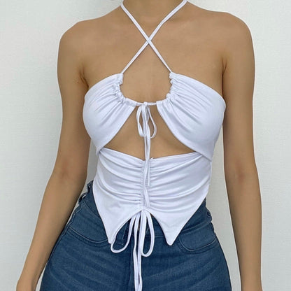 Double layered halter drawstring hollow out ruched solid crop cut out top