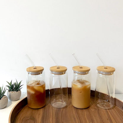 Modern Glass Cups With Bamboo Lids & Straws 4pcs Set