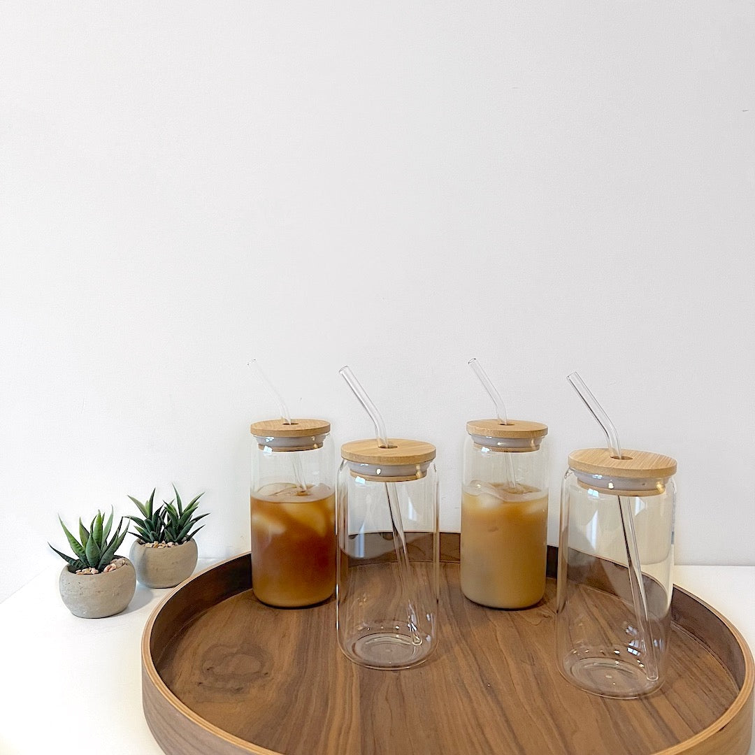 Modern Glass Cups With Bamboo Lids & Straws 4pcs Set