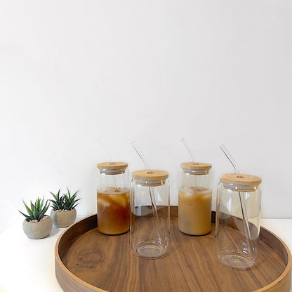 Modern Glass Cups With Bamboo Lids & Straws 4pcs Set